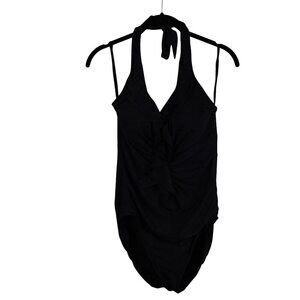 Miraclesuit Black One-Piece Swimsuit Size 12 Halter Ruffle Front Shaping Swimwea